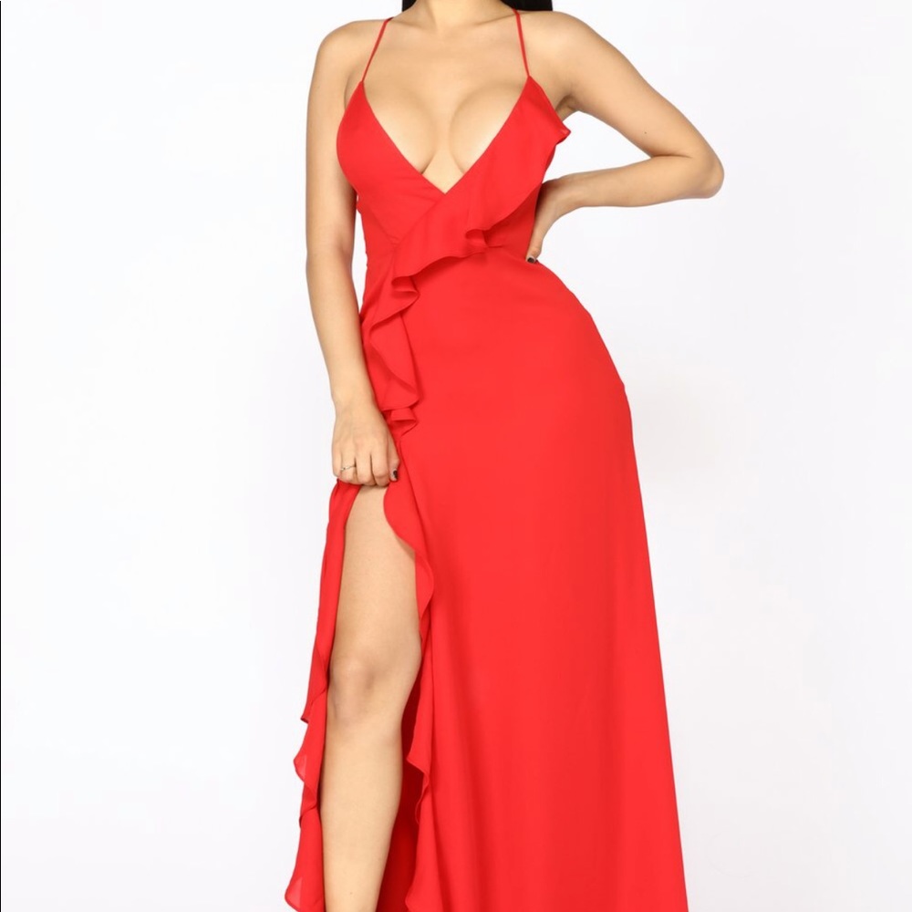 Clarissa Red ruffle maxi dress.